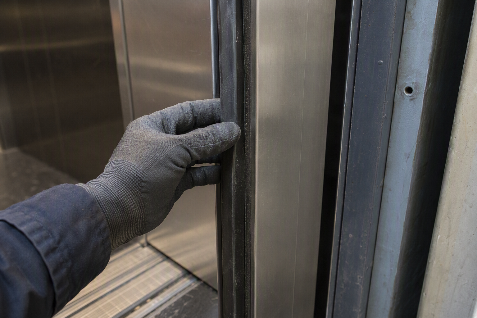 Close-up of an elevator door safety edge device on a commercial elevator cab door panel, one of the most commonly cited elevator code violations found during Arizona inspections.