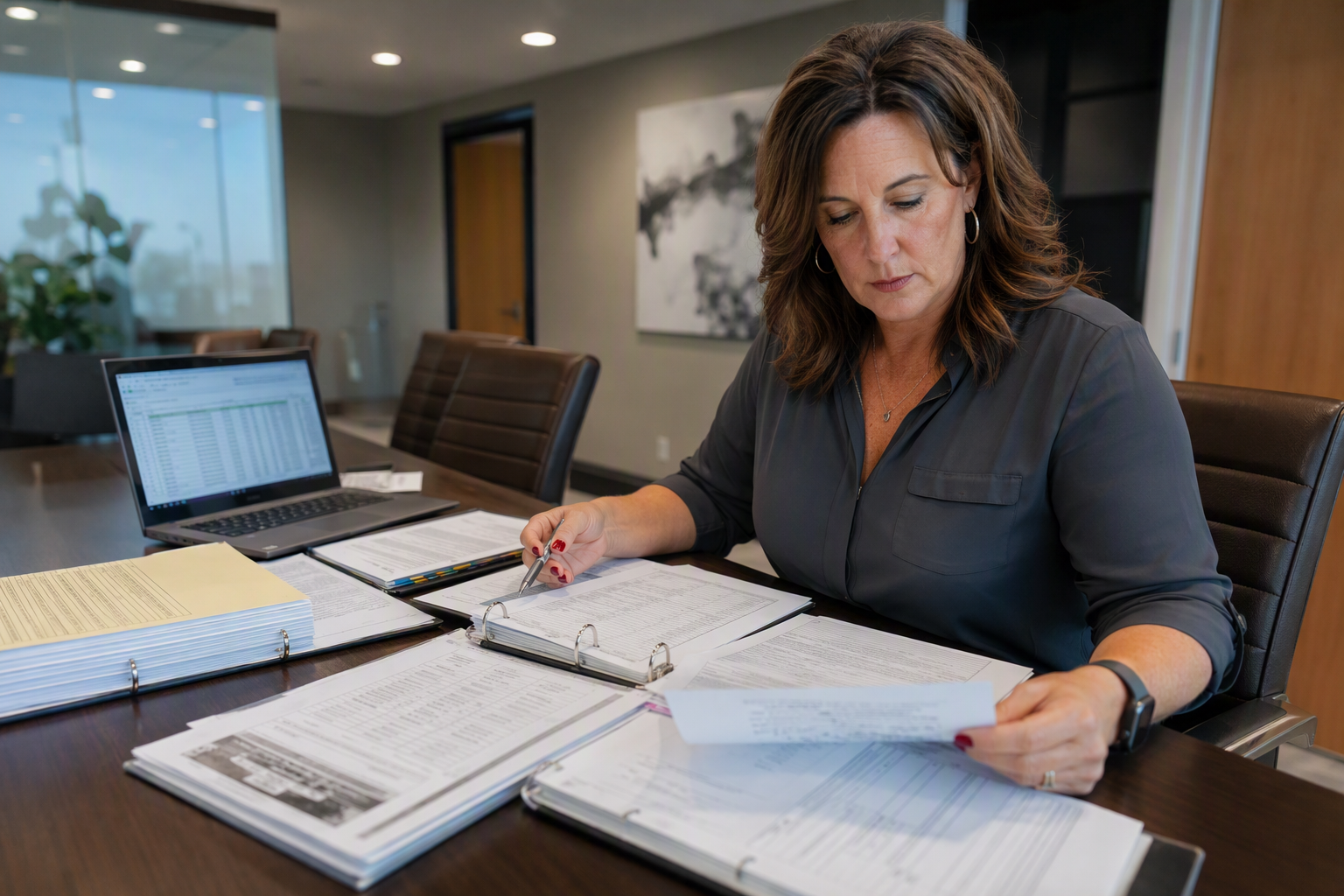 Facilities manager in a Scottsdale AZ office reviewing elevator maintenance records and inspection certificates to resolve code violations and maintain compliance with Arizona elevator safety standard