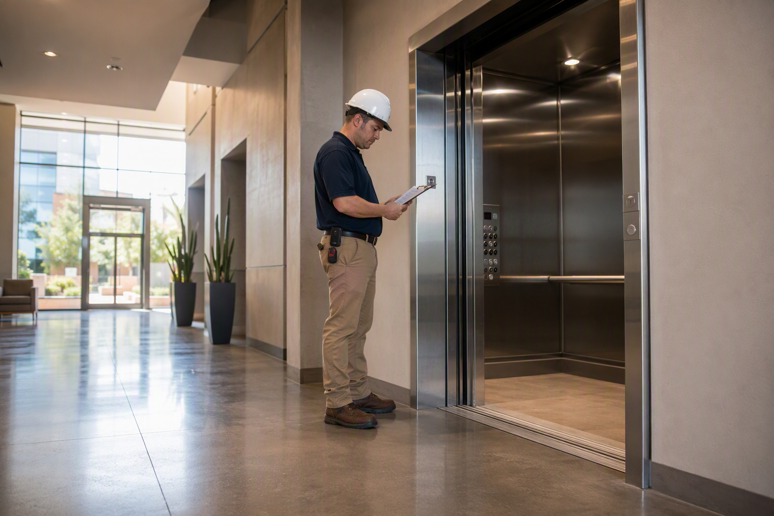 Licensed elevator inspector reviewing inspection checklist beside an open elevator cab in a Phoenix AZ commercial office building lobby during a code compliance inspection.