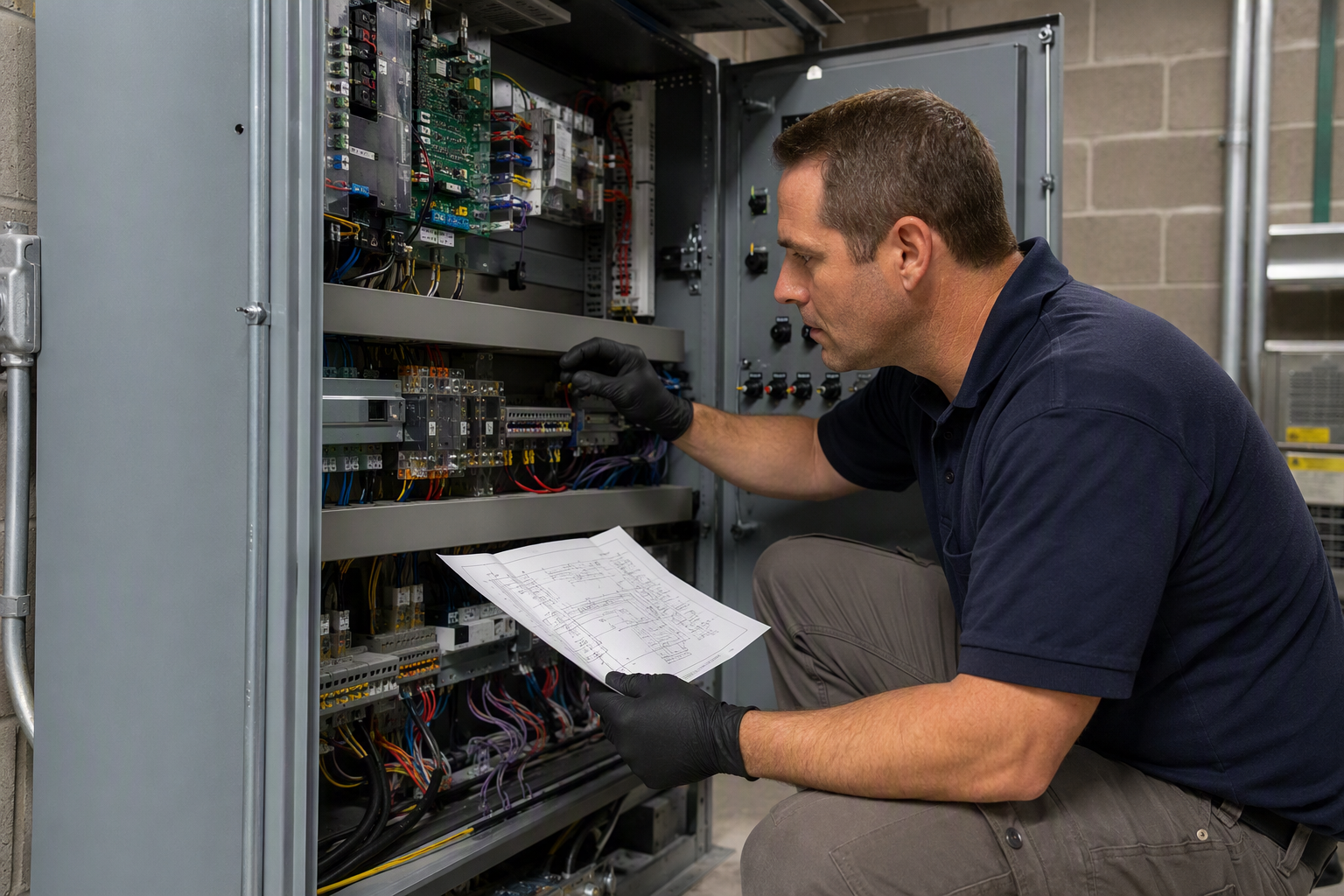 Licensed elevator technician reviewing traction elevator controller wiring during commercial healthcare elevator installation in Mesa Arizona new construction project