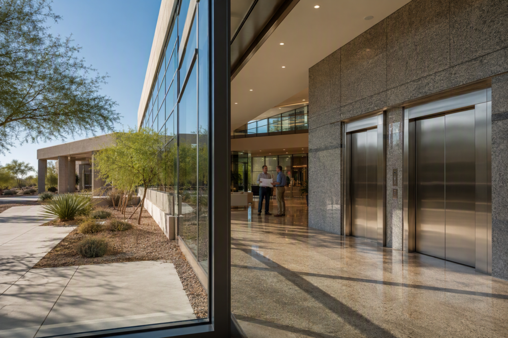 Wide lobby view of a new healthcare facility in Scottsdale Arizona showing oversized stainless-steel elevator doors sized for hospital gurney transport during commercial elevator installation