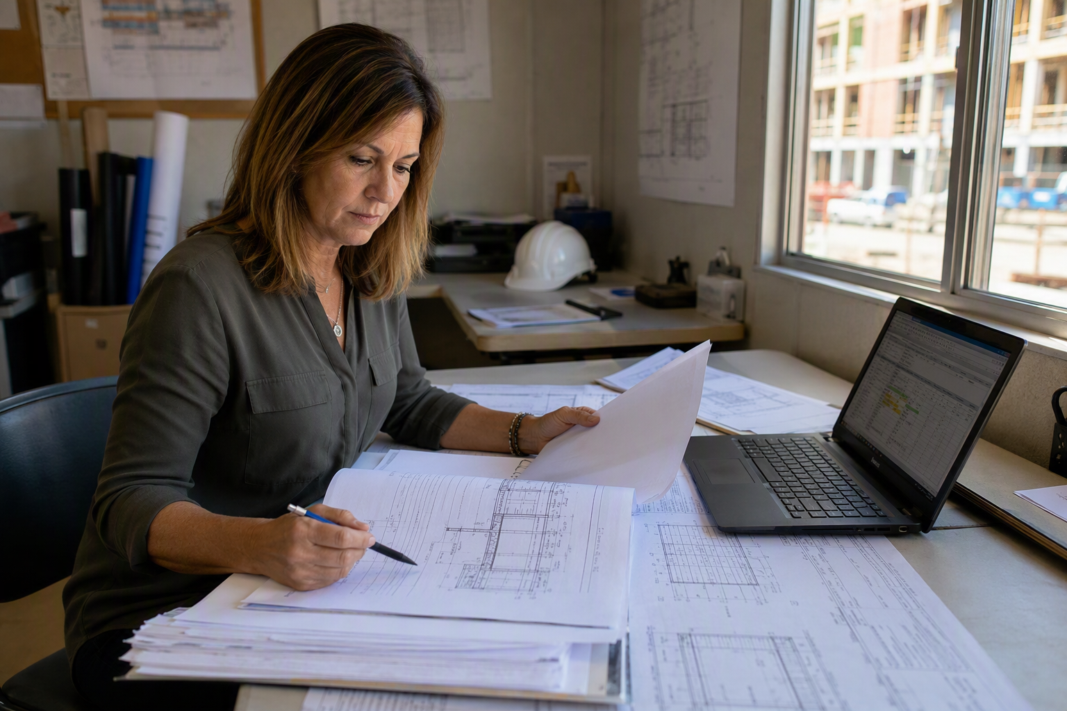 Facility project manager reviewing Arizona elevator permit documentation and hoistway architectural drawings during healthcare elevator installation timeline planning in Scottsdale or Mesa