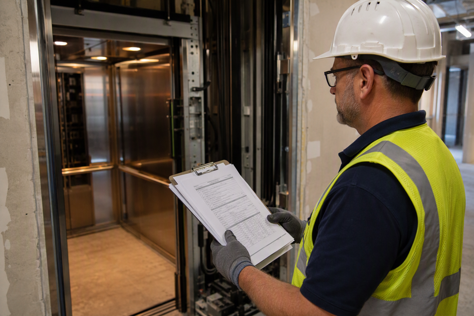 Elevator inspector reviewing ADOSH permit documents beside an open elevator hoistway in a Phoenix Arizona commercial building under construction, showing code compliance process
