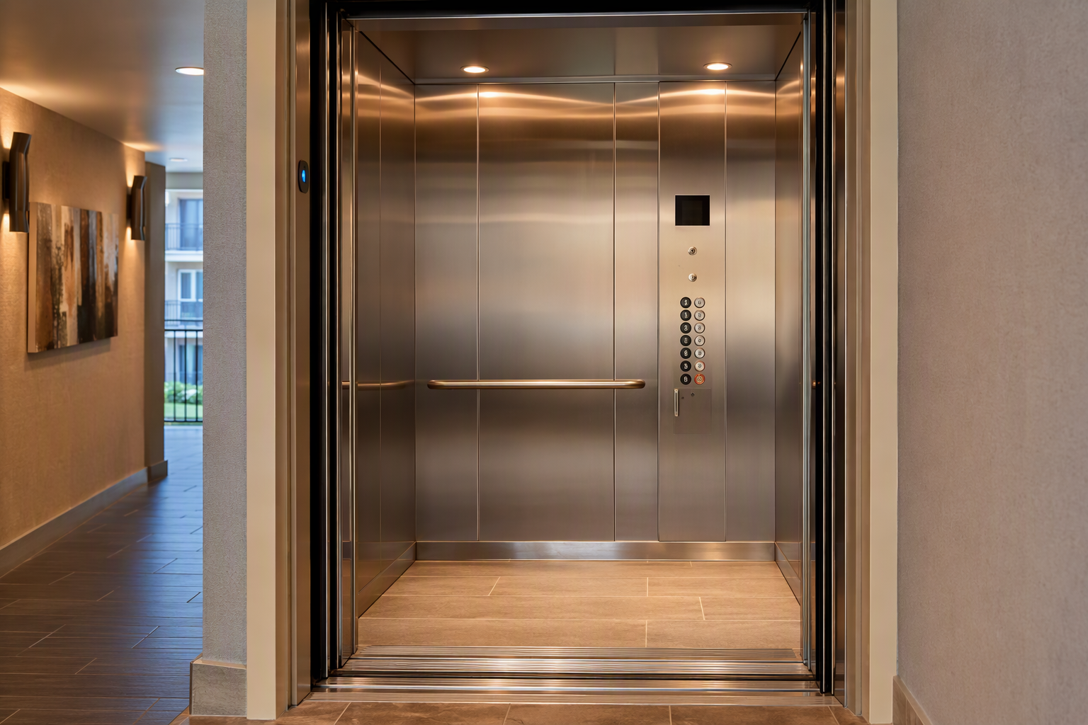 ADA-compliant elevator cab interior with Braille control panel, handrail, and door safety sensor inside a new multifamily apartment building in Phoenix Arizona