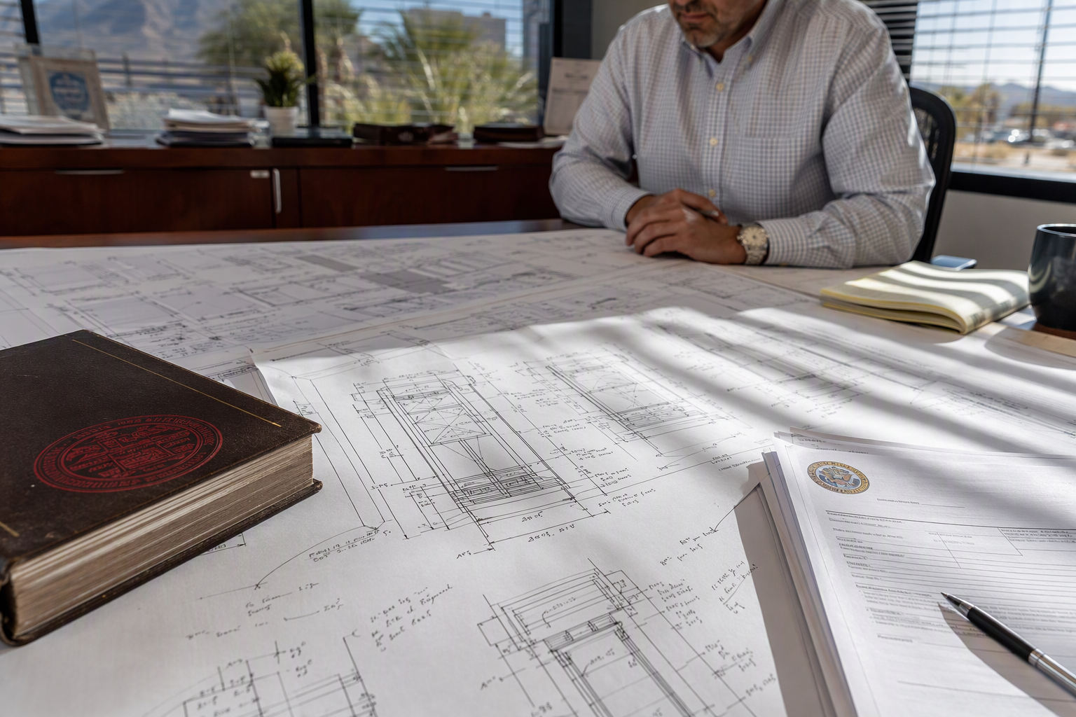Building manager reviewing commercial elevator permit drawings and ASME code documents at a desk during the plan approval phase of an Arizona elevator installation project