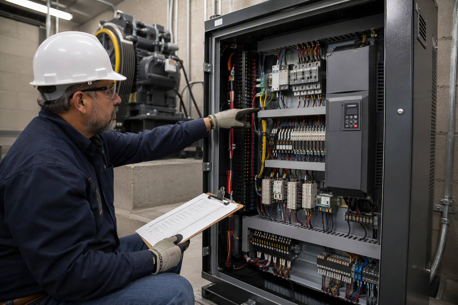 Elevator inspector examining a traction elevator controller cabinet inside a Tucson Arizona commercial building machine room during the final ADOSH acceptance inspection
