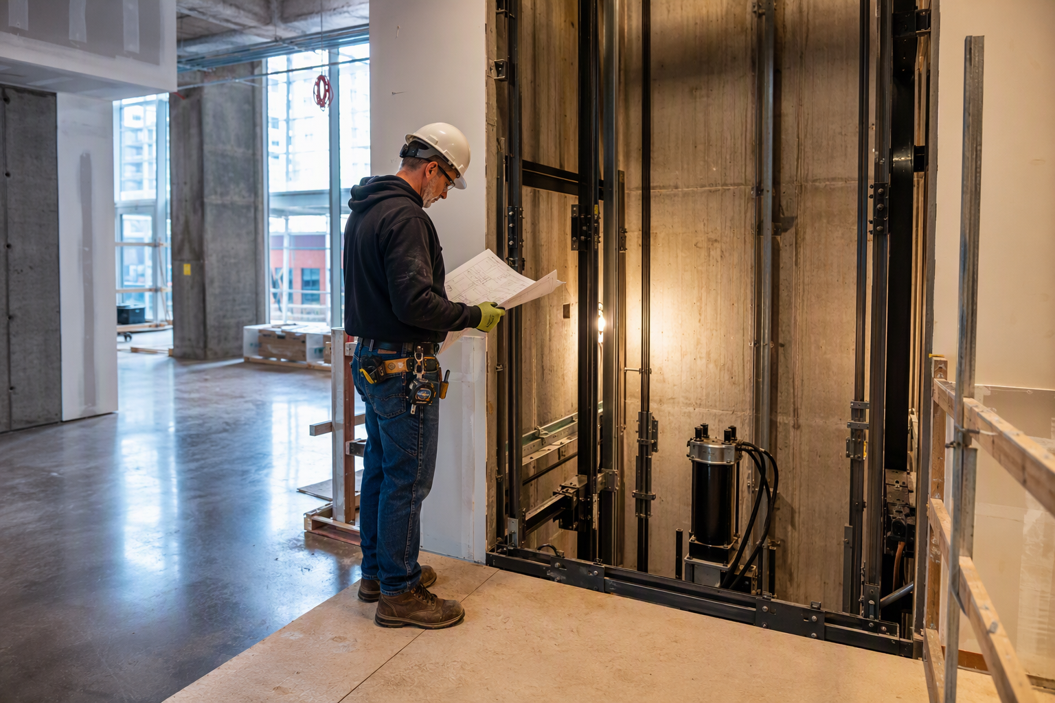 Commercial elevator installation in progress inside a Phoenix Arizona office building, showing hoistway guide rails, hydraulic pit assembly, and a mechanic reviewing engineering drawings