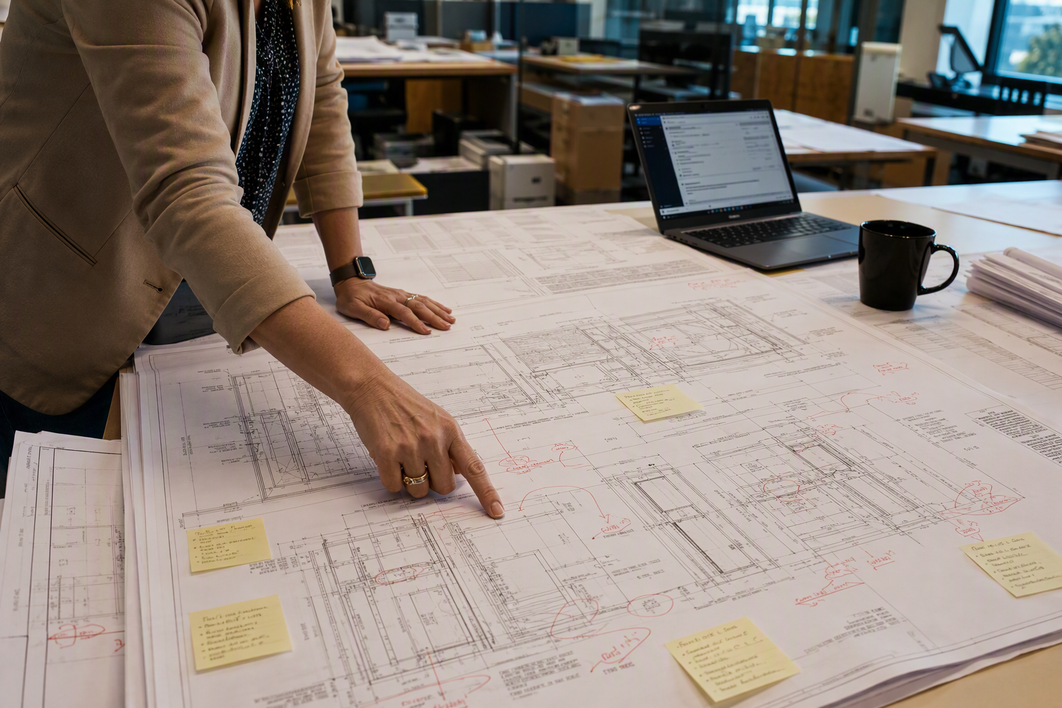 Building manager reviewing annotated elevator permit drawings during the Arizona AZDBS plan review process for a new commercial elevator installation in Phoenix.