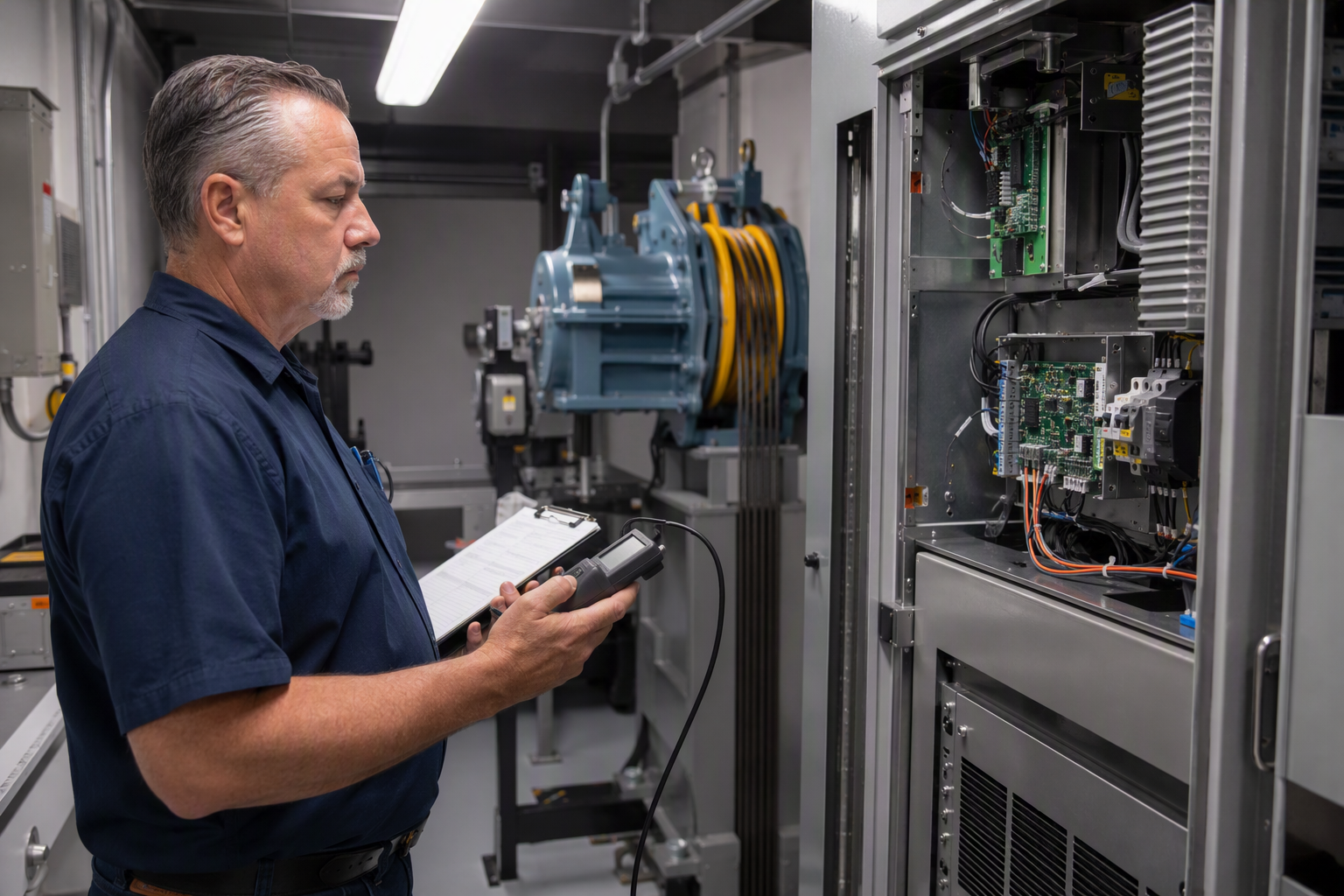 Arizona elevator inspector examining a newly installed traction machine and controller in a commercial building machine room during final acceptance testing and inspection.