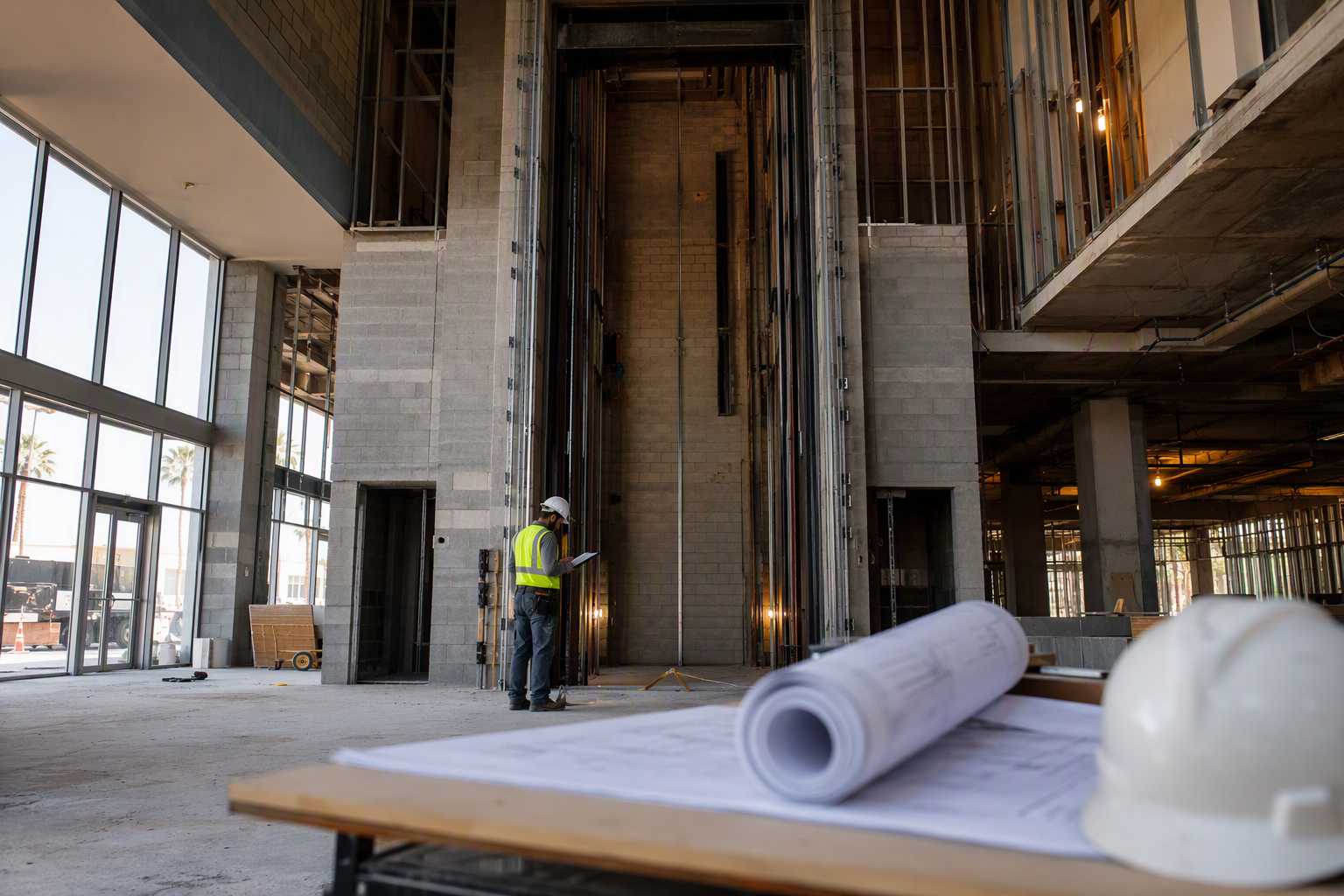 Commercial elevator hoistway under construction inside a Scottsdale Arizona office building, showing the rough framing and pit preparation phase of a new elevator installation.