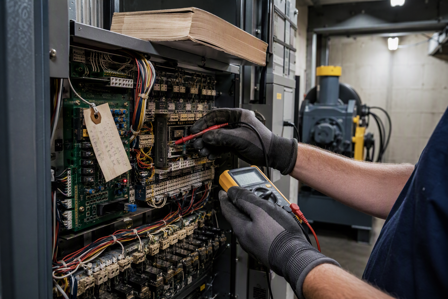 Elevator technician inspecting an aging controller cabinet in a commercial machine room in Arizona, assessing parts availability and code compliance for a repair-or-modernize evaluation.