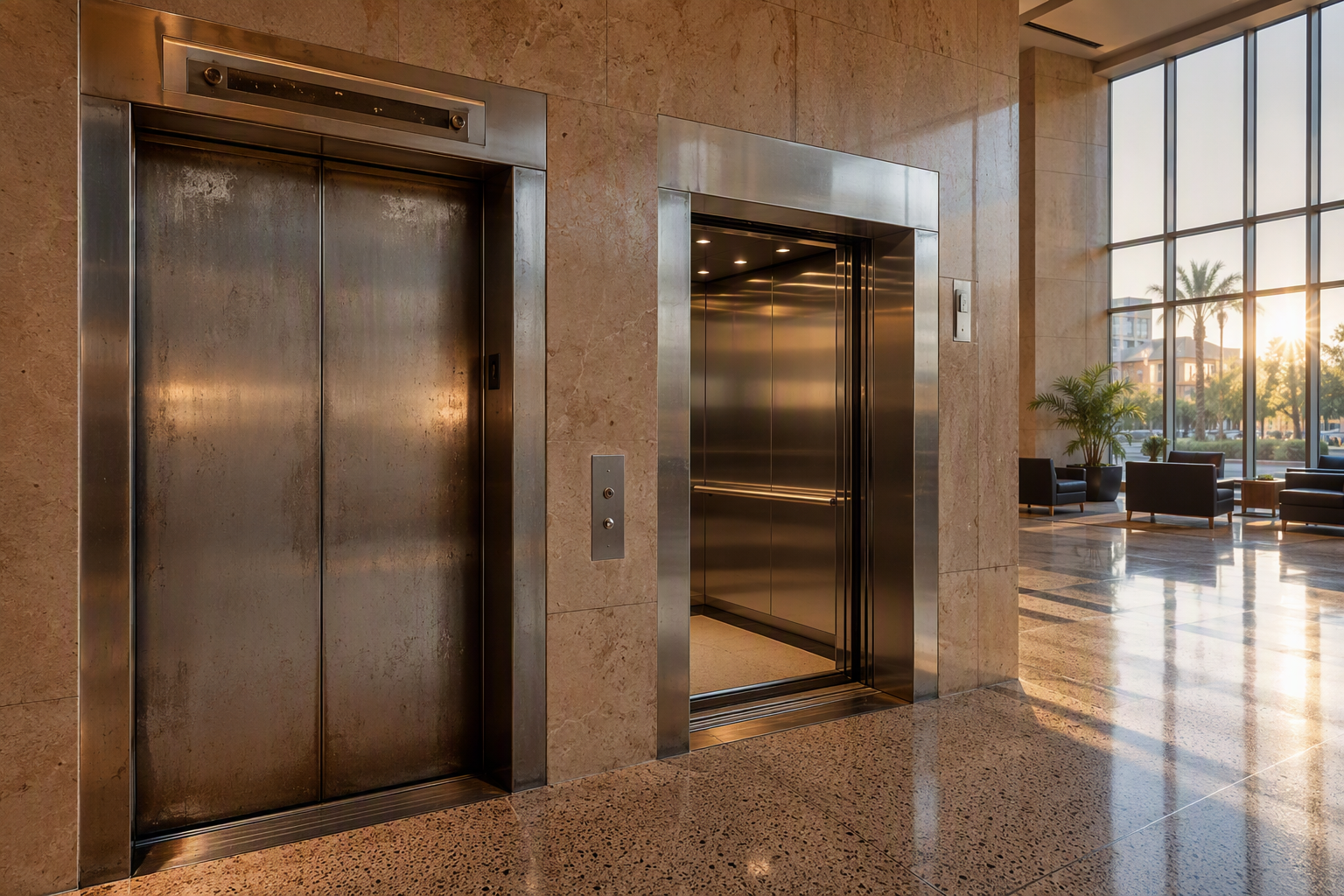 Aging elevator cab next to a modernized unit in a Phoenix AZ commercial office lobby, illustrating the repair-vs-modernize decision building owners face.