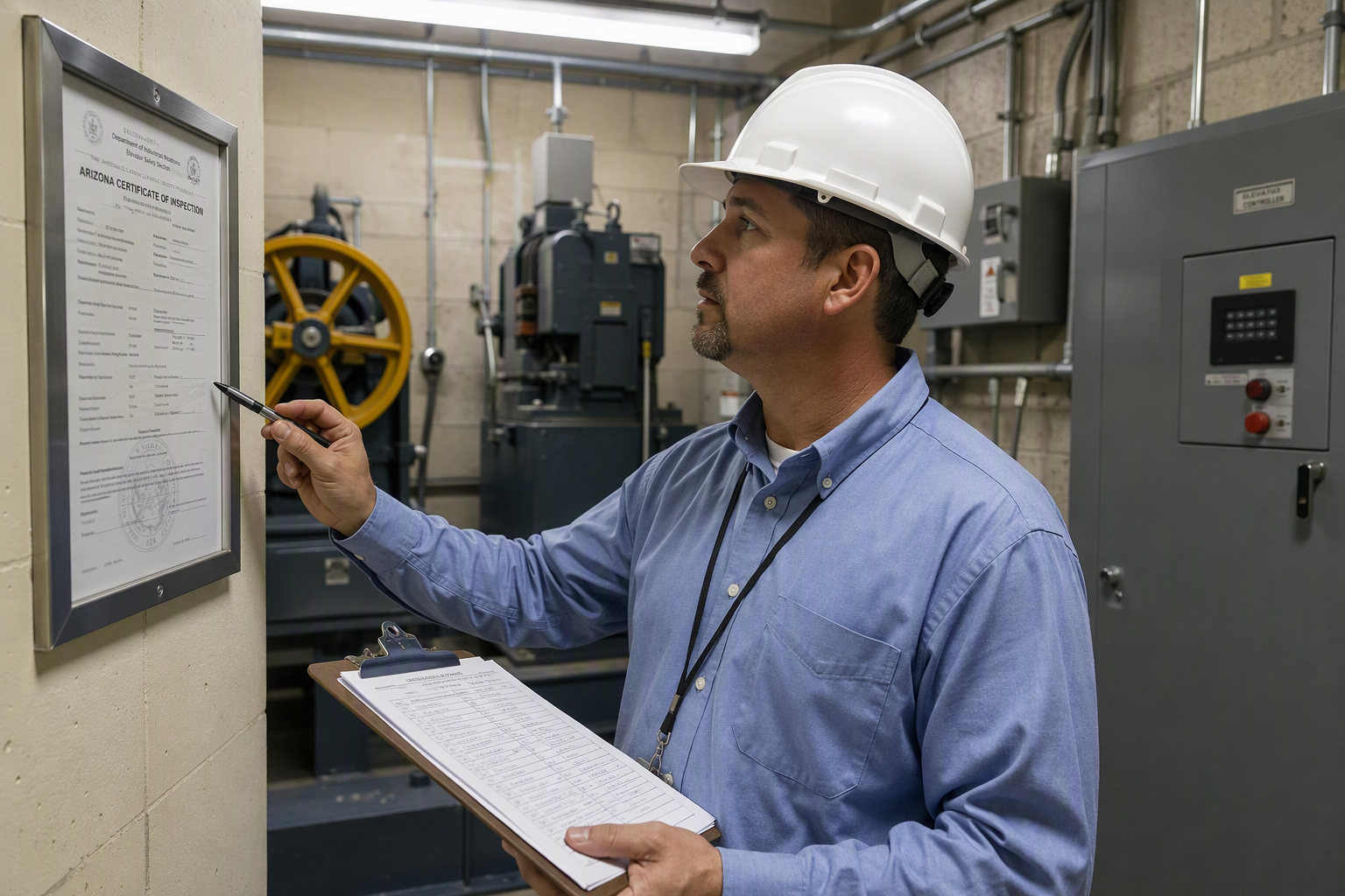 Arizona Elevator Safety Unit Inspection in Healthcare Machine Room Elevator safety inspector reviewing a compliance certificate in an Arizona hospital machine room, representing Arizona Elevator Safety Unit enforcement obligations for healthcare facilities.