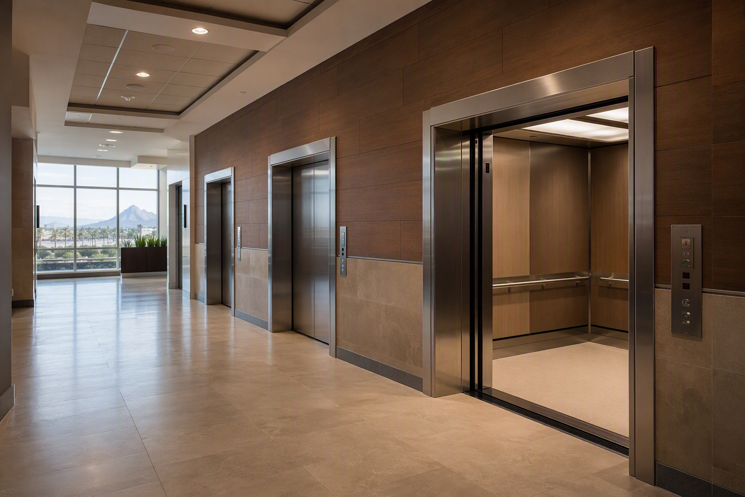 Arizona Healthcare Facility Elevator Lobby Wide hospital elevator lobby in an Arizona healthcare facility showing ADA-compliant stretcher-capacity elevator doors and brushed-metal call panels, illustrating elevator compliance obligations.