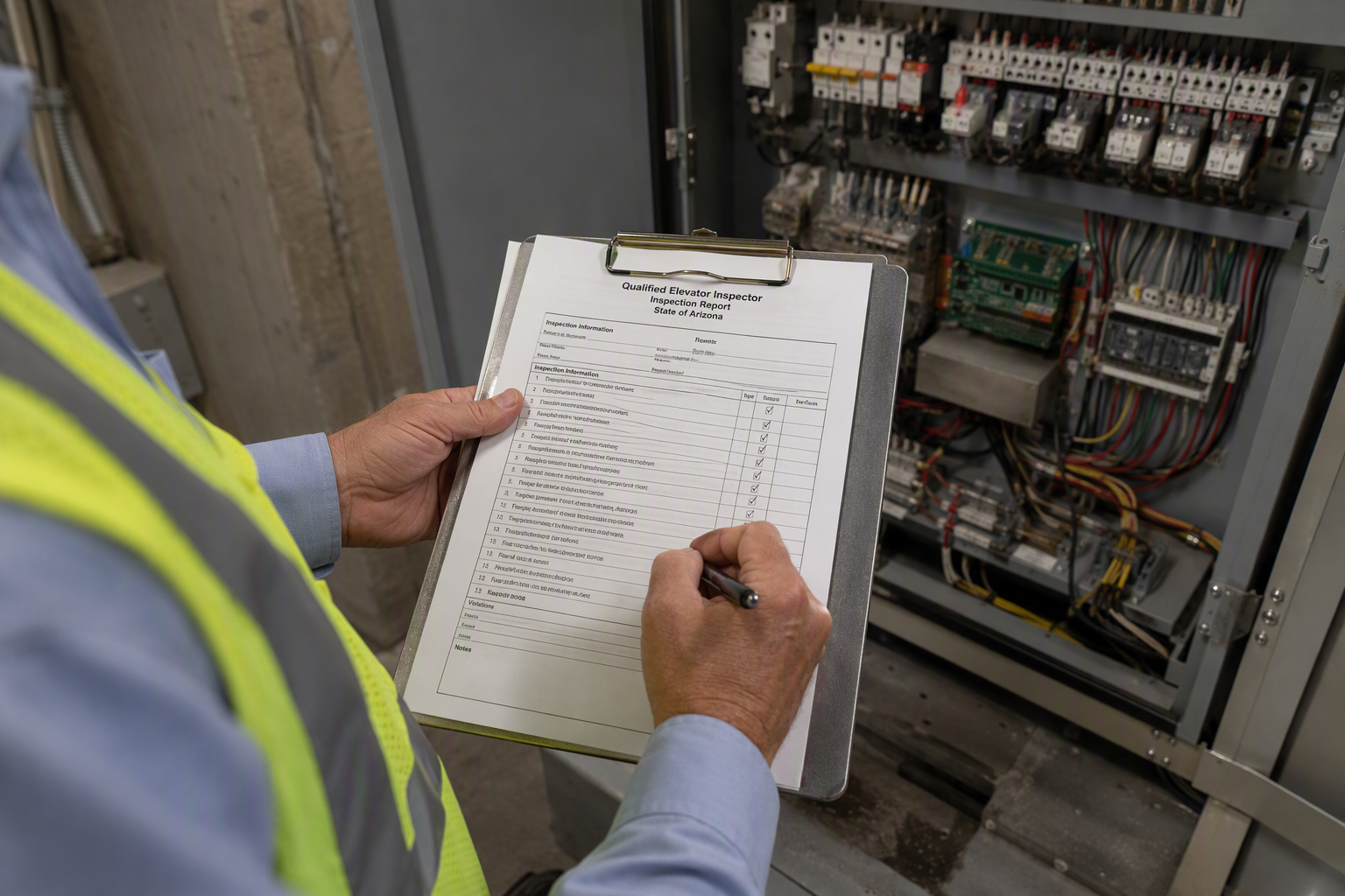 Certified elevator inspector reviewing Arizona state inspection checklist on clipboard beside school building elevator machine room controller cabinet