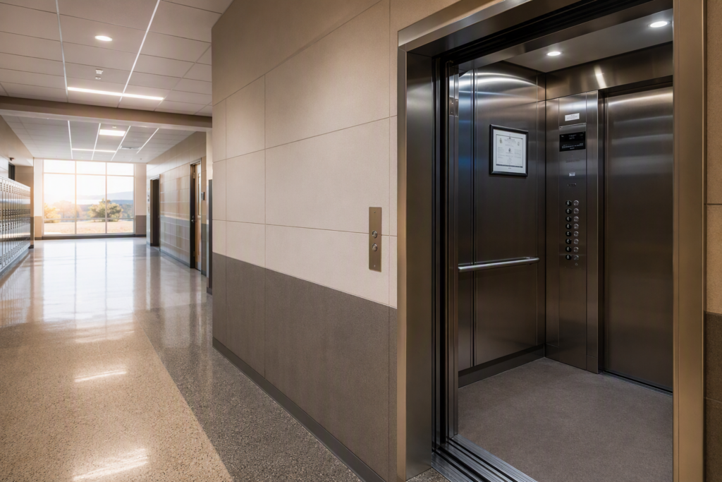Open elevator cab inside an Arizona school building showing Braille control panel, stainless steel interior, and posted Certificate of Inspection for ADA compliance