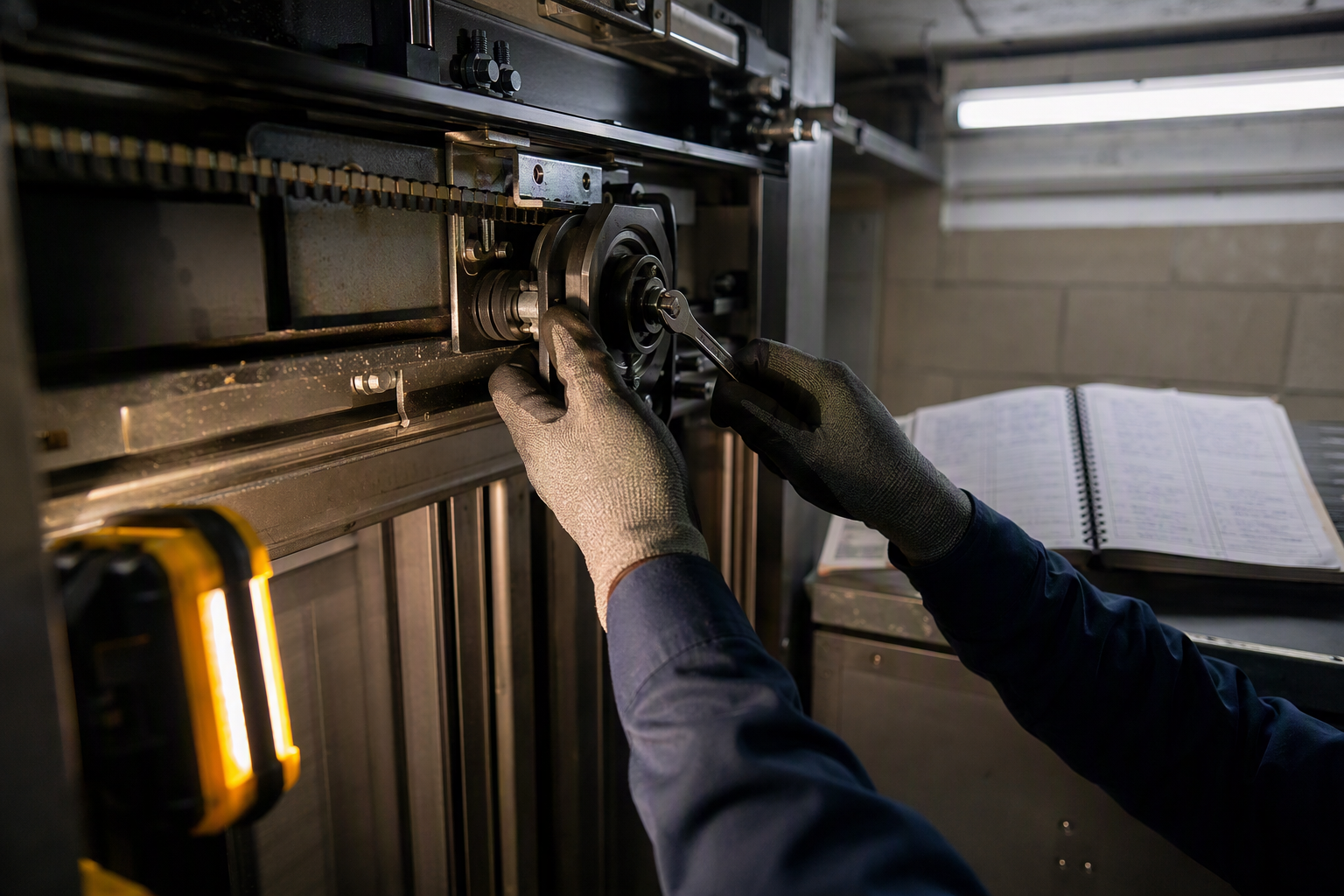 Licensed elevator technician servicing door operator components in Arizona school building hoistway with open ASME A17.1 maintenance log record visible nearby