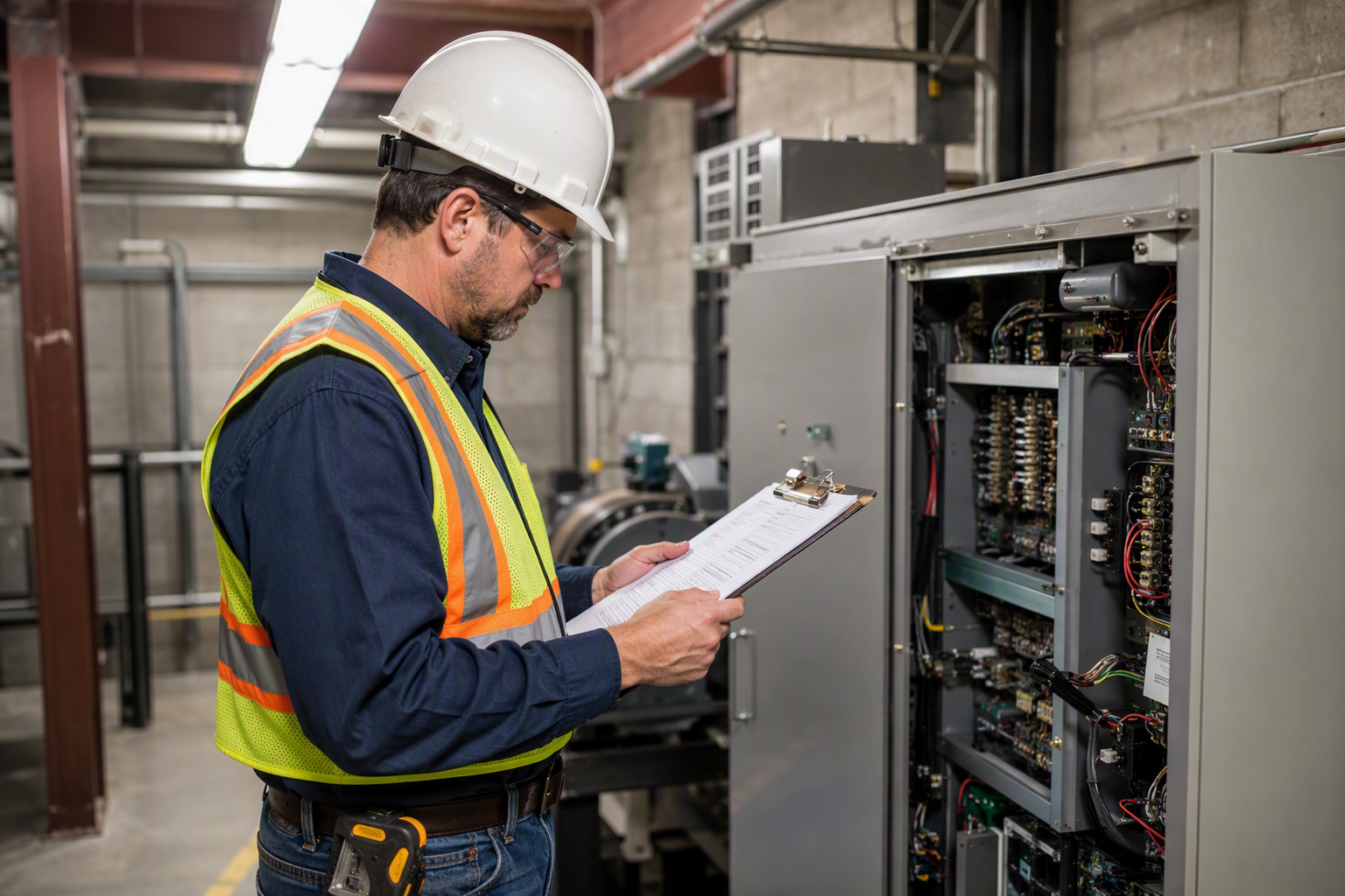 Elevator Inspection and ASME Code Review Licensed elevator inspector reviewing ASME A17.1 and A17.3 compliance checklist beside a traction elevator controller in an Arizona assisted living facility machine room