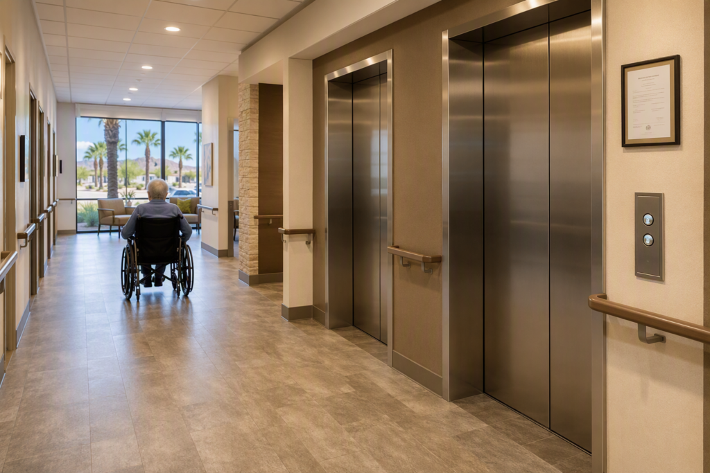 ADA-compliant elevator lobby in an Arizona assisted living facility with certificate of operation posted beside stainless-steel doors and a wheelchair user approaching