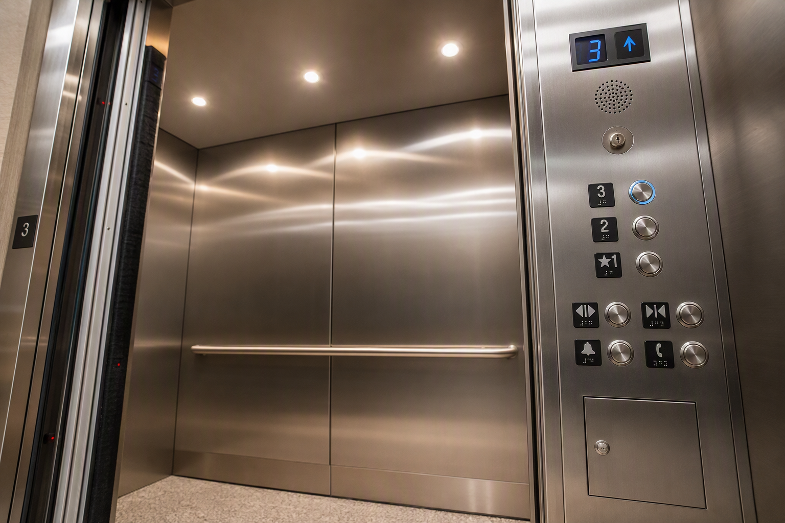 ADA-Compliant Elevator Cab Interior for Senior Living Modernized elevator cab interior in an Arizona senior living facility showing ADA-compliant Braille buttons, handrail, door reopening device, and audible floor indicator