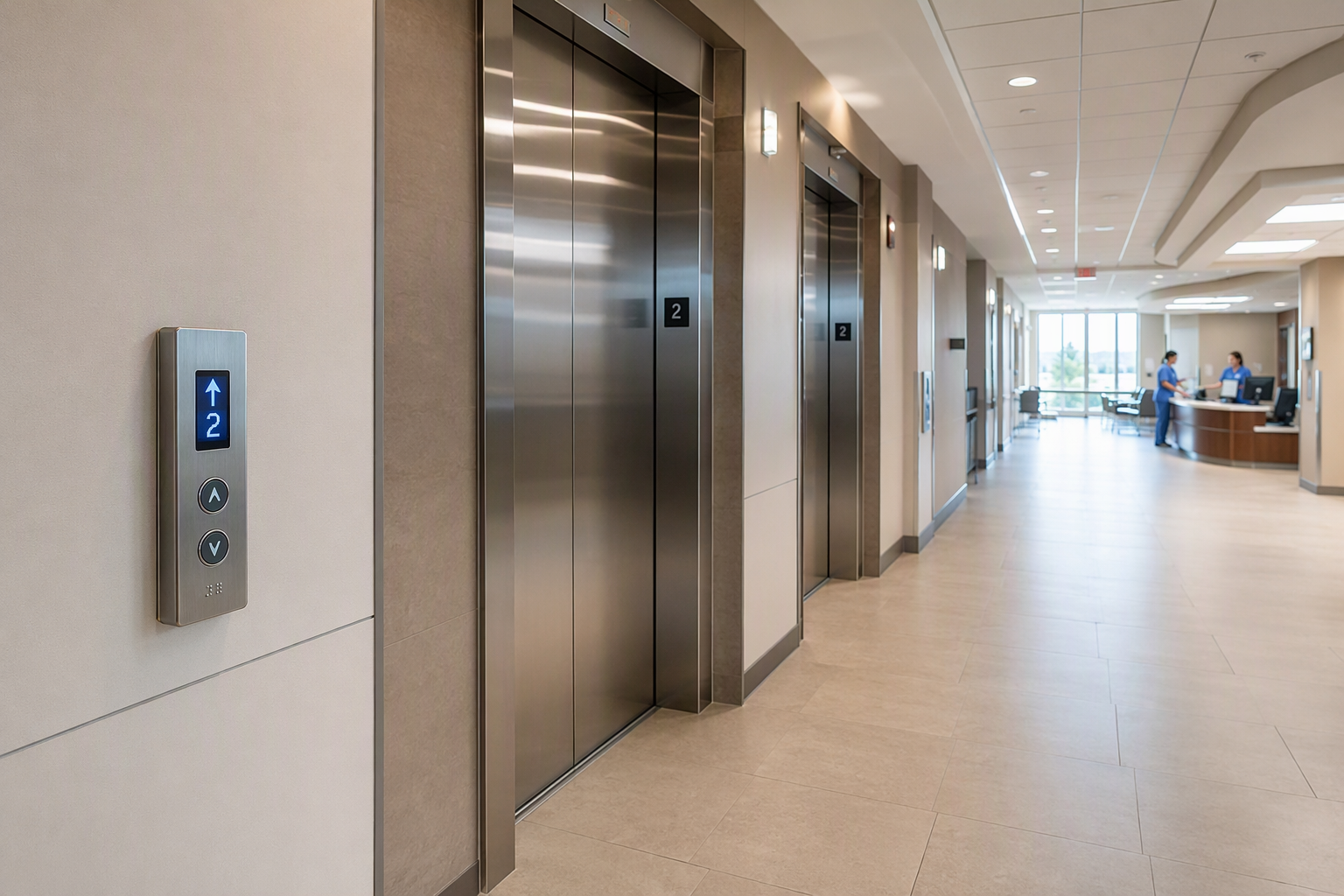 ADA-Compliant Healthcare Elevator Lobby, Phoenix AZ ADA-compliant elevator lobby in a Phoenix, AZ healthcare facility showing accessible call stations, Braille signage, and stainless steel elevator doors