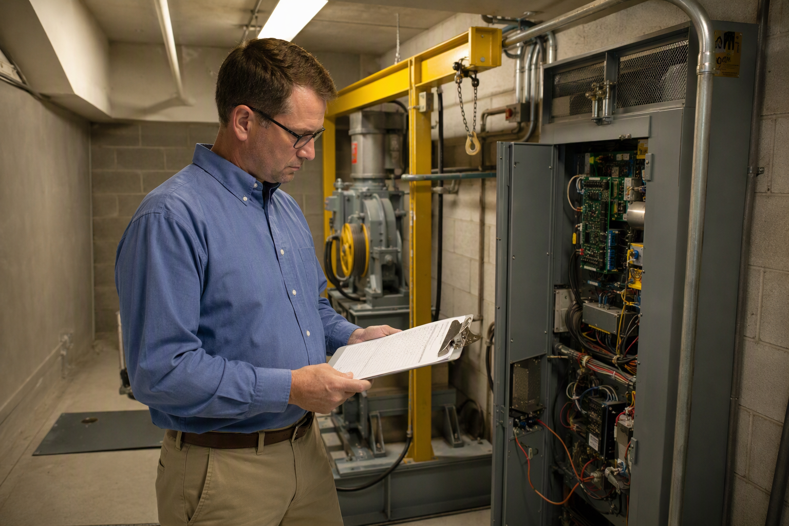 Elevator Code Compliance Inspection — Phoenix Medical Facility Elevator compliance inspector reviewing ADA upgrade checklist in a Phoenix, AZ medical building machine room with traction elevator controller equipment visible