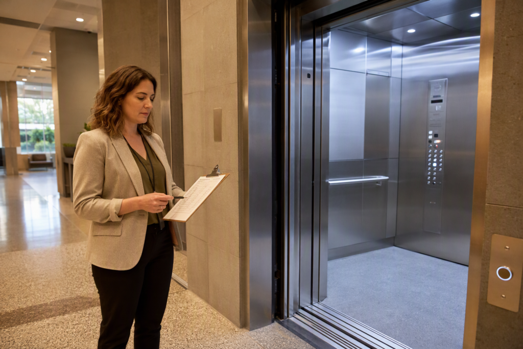 Building manager reviewing ADA elevator code compliance checklist beside an open elevator cab with Braille floor buttons in a Phoenix AZ commercial office building.