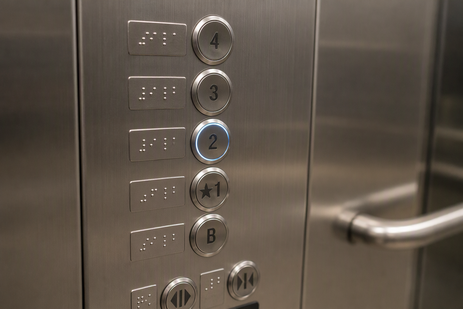 Close-up of ADA-compliant elevator control panel showing raised floor buttons with Braille labels mounted at the correct reach height per ADA elevator code requirements.