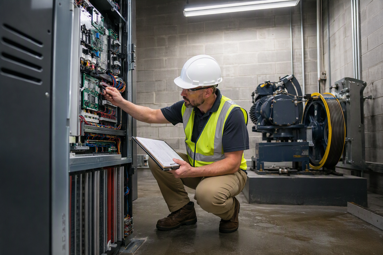 Licensed elevator inspector reviewing compliance documentation beside elevator machine-room controller equipment in a Scottsdale AZ commercial building under Arizona Industrial Commission standards.
