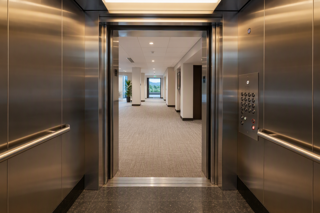 ADA-compliant elevator cab interior in a Phoenix AZ commercial building showing tactile Braille control panel, 36-inch clear door opening, and accessible reach-height buttons for ADA upgrades