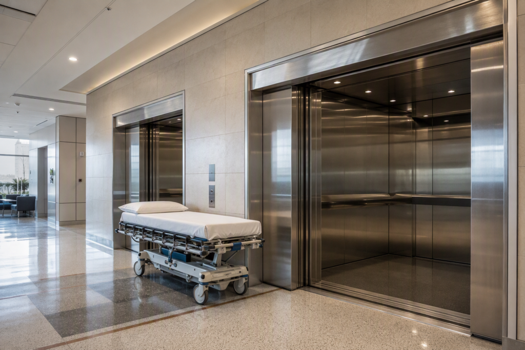 Wide shot of a Phoenix Arizona hospital elevator lobby with oversized stainless-steel cab doors and a gurney positioned nearby, illustrating healthcare elevator compliance standards.