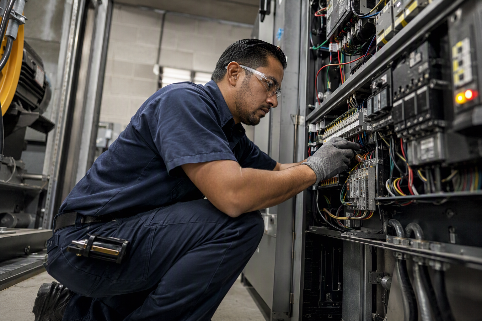 Certified elevator technician servicing a traction elevator controller in a commercial building machine room in Scottsdale AZ