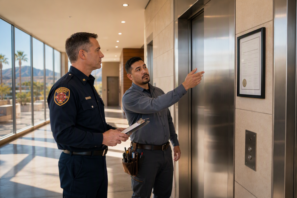 Elevator technician and fire inspector reviewing Arizona inspection certificate in a Phoenix office building lobby during a fire inspection of the elevator system.