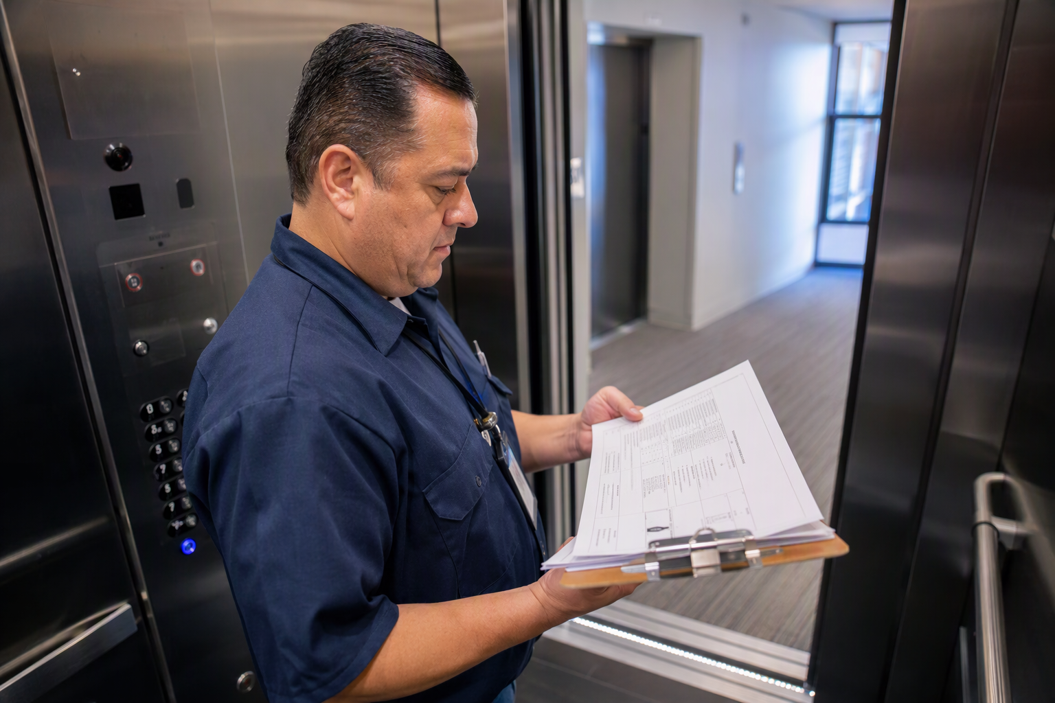 Elevator inspector reviewing Arizona inspection certificate and compliance checklist inside a Phoenix office building elevator cab before tenant occupancy