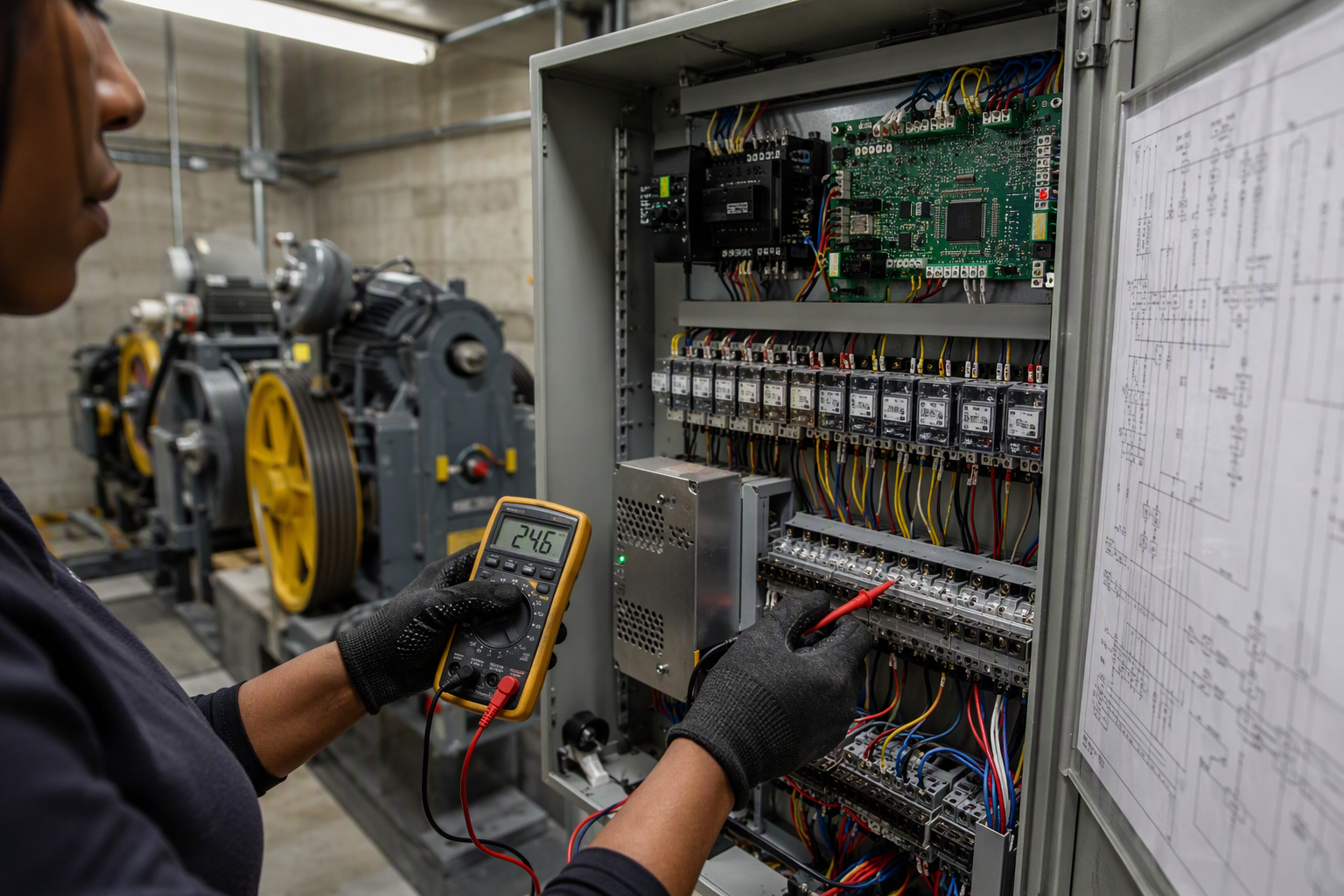 Elevator technician testing controller wiring in a Phoenix AZ machine room to verify equipment meets Arizona safety code before tenant occupancy
