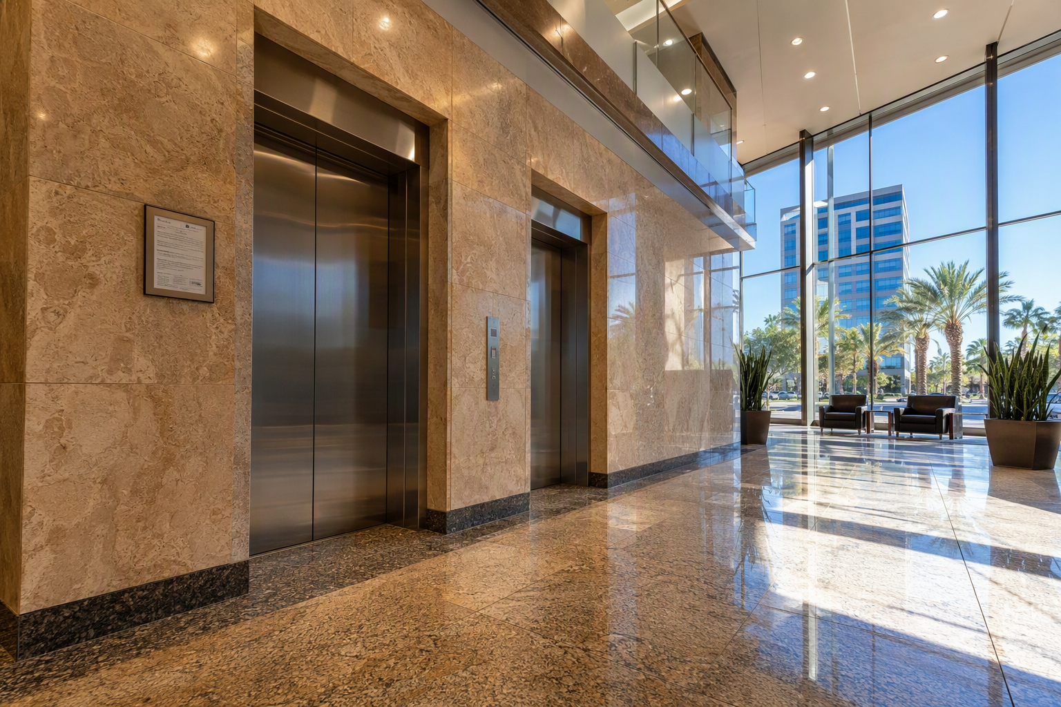 Modern Phoenix AZ commercial office building lobby with two stainless-steel elevator doors and a posted Arizona state elevator inspection certificate beside the cab