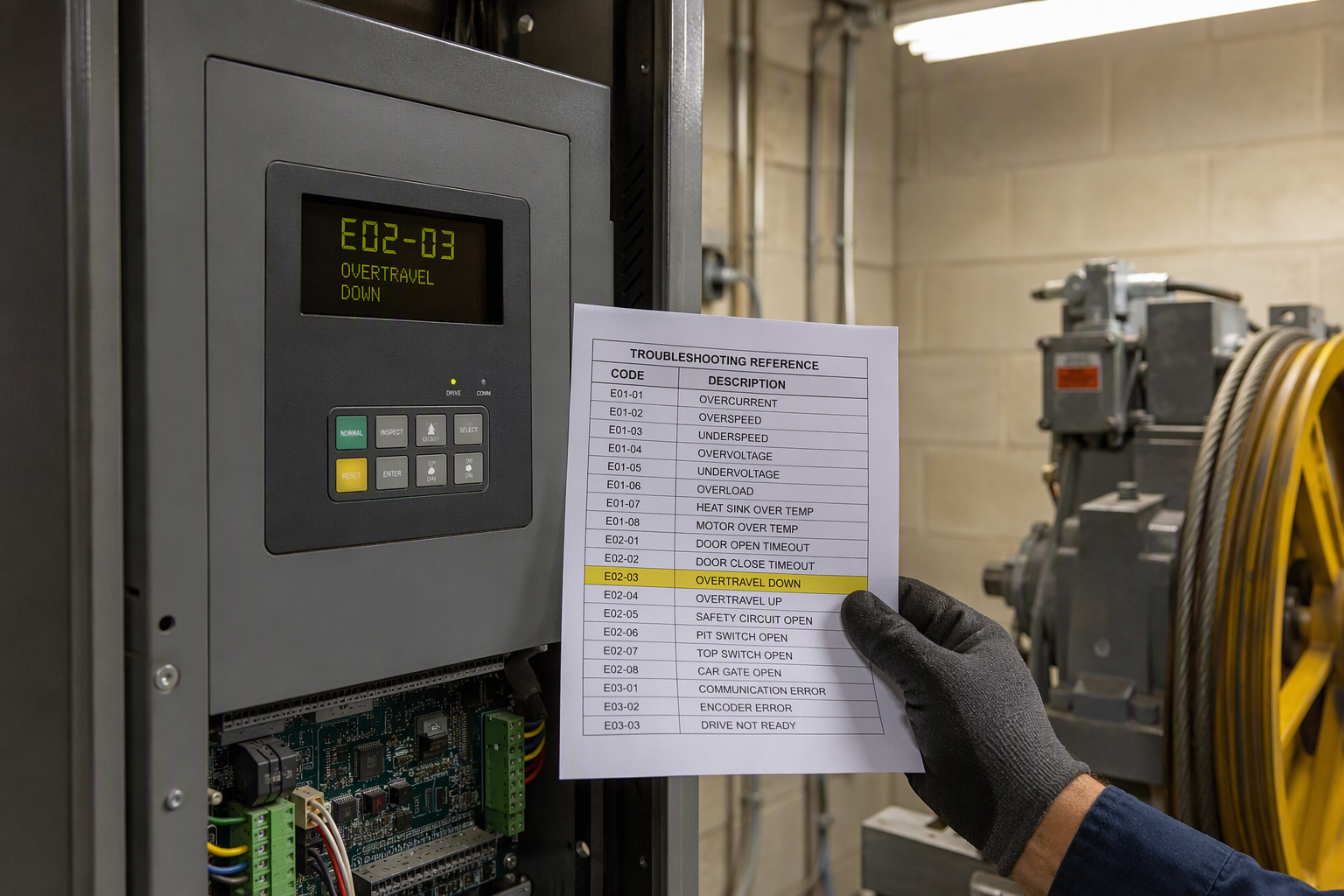 Elevator Controller Fault Code Reference Elevator controller panel displaying a fault error code in a commercial machine room, with a property manager referencing printed ASME A17.1 troubleshooting documentation