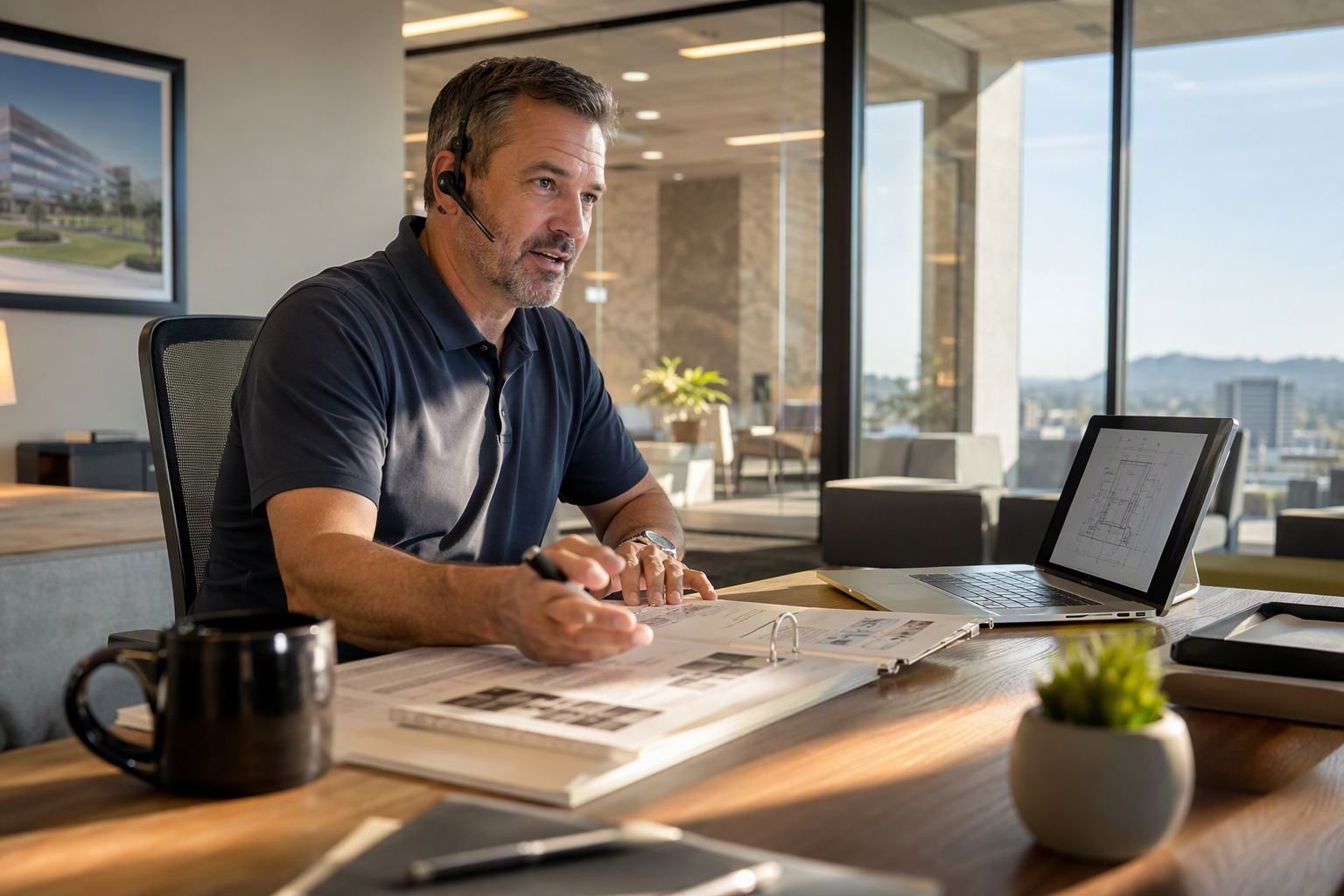 Remote Elevator Technical Consultation Facility manager in Phoenix commercial building consulting remotely with an elevator service company about a technical elevator issue at a property outside their service area