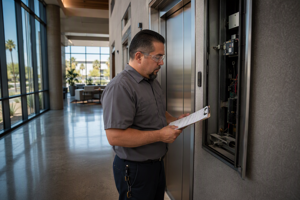 Elevator service technician reviewing a maintenance checklist beside a commercial elevator door in a Phoenix AZ office building lobby, midday natural light.