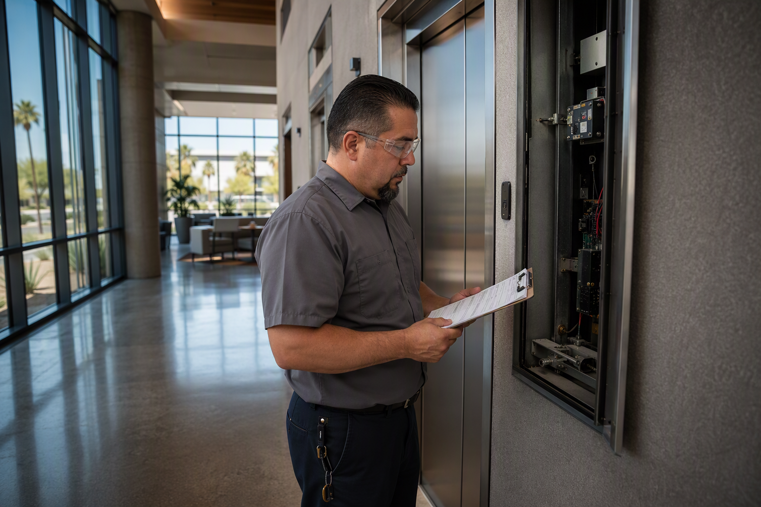 Elevator service technician reviewing a maintenance checklist beside a commercial elevator door in a Phoenix AZ office building lobby, midday natural light.