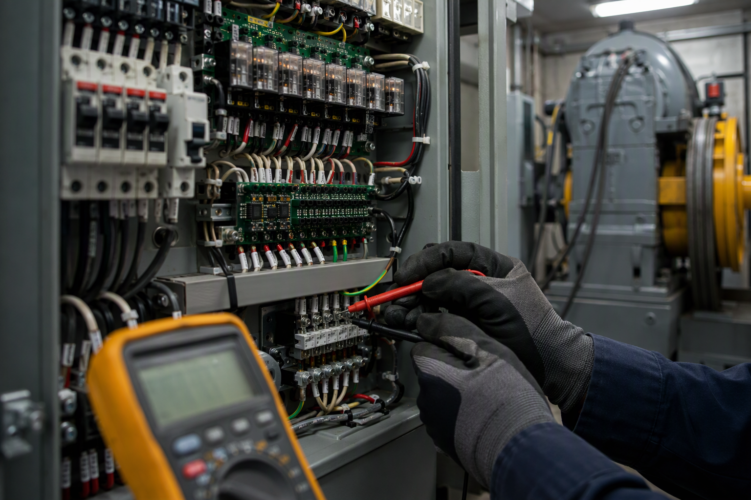 Elevator technician testing a commercial traction elevator controller with a multimeter inside an Arizona building machine room as part of a structured maintenance program.