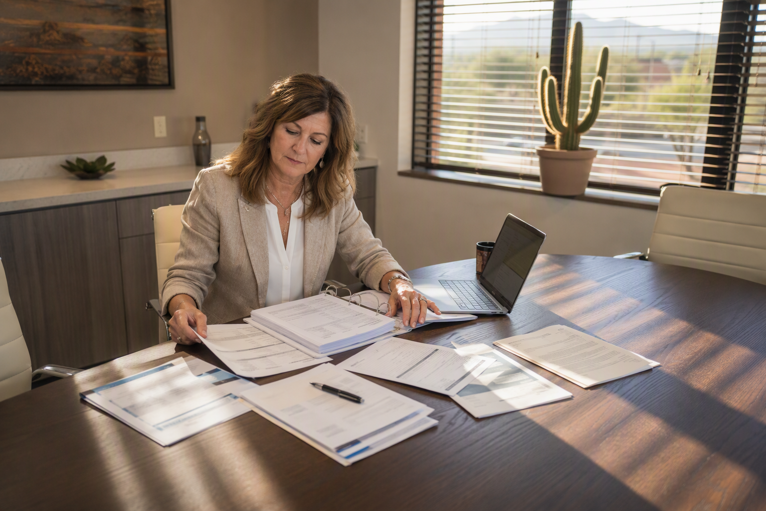Facility manager reviewing commercial elevator maintenance agreements and annual inspection certificates at a Scottsdale AZ property management office in warm afternoon light.