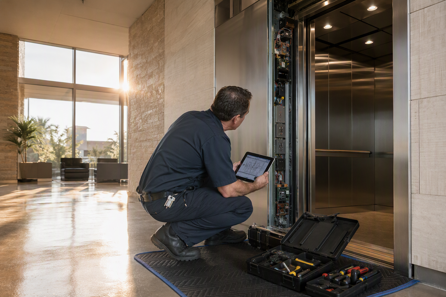 Commercial Elevator Repair — Phoenix Office Building Licensed technician performing commercial elevator repair on a door panel in a Phoenix AZ office building lobby, diagnostic tablet in hand
