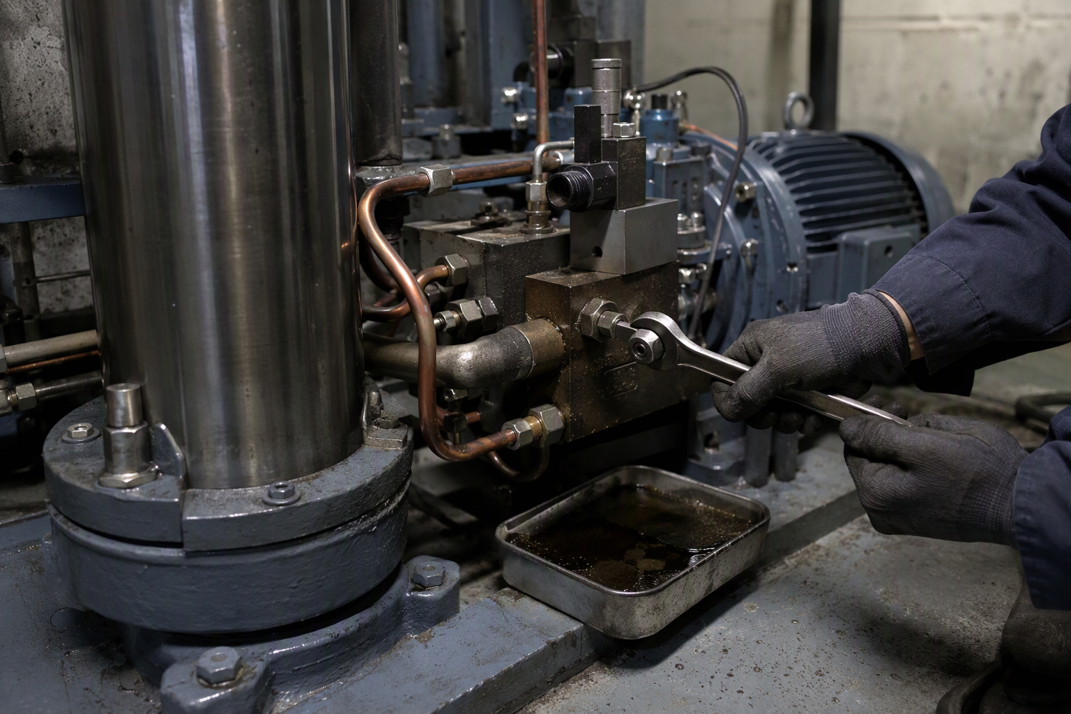 Hydraulic Elevator Power Unit Repair Detail Close-up of hydraulic elevator power unit components during commercial elevator repair inside a machine room in a low-rise Arizona building