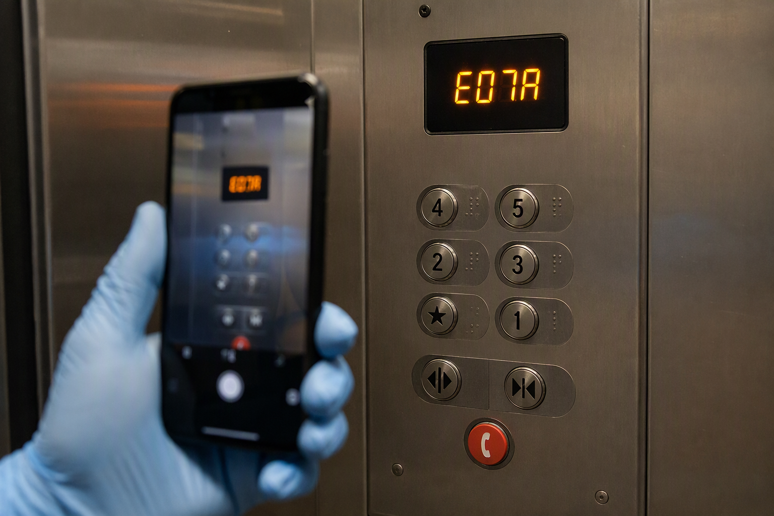 Close-up of a commercial elevator control panel displaying a blinking fault error code, with a hand photographing it for documentation before calling an elevator technician