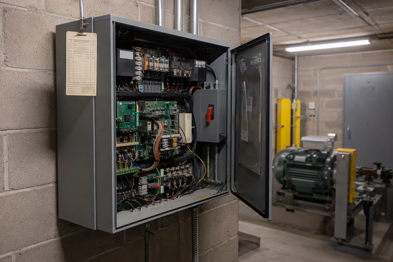 Commercial elevator machine room controller in Mesa AZ showing the state serial number tag and inspection certificate used to identify the conveyance when reporting elevator noises or error codes