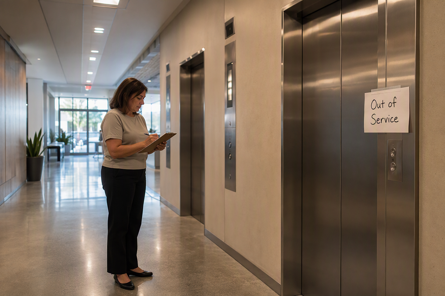Building manager in a Phoenix AZ office lobby documenting elevator error codes and strange noises on a clipboard before calling a service technician