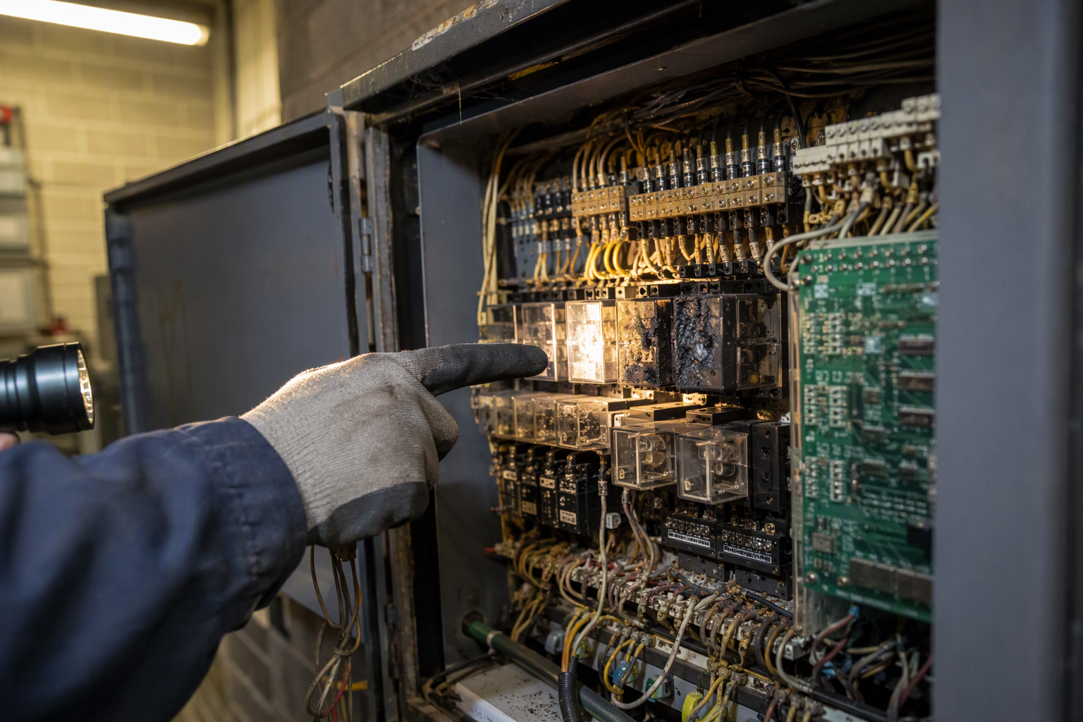 Elevator Control System Fault Aging relay-based elevator control panel with burned component in a commercial building machine room illustrating common control system repair problems