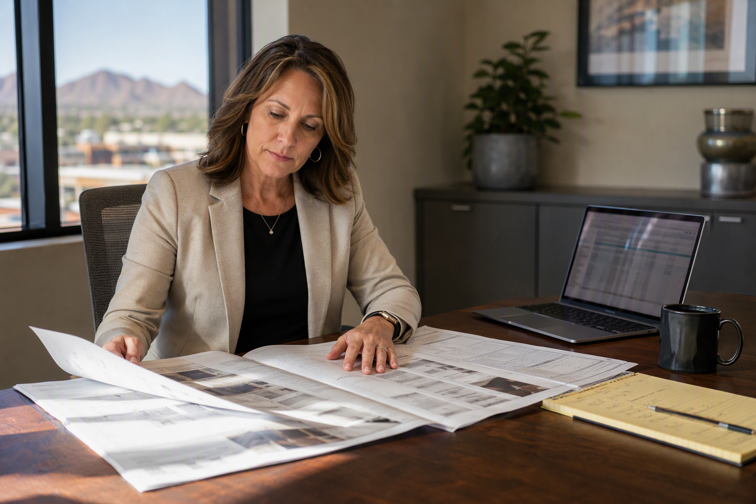 Repair vs. Modernization Decision Review Building manager reviewing elevator repair versus modernization cost comparison proposal at a desk in a Phoenix Arizona property management office