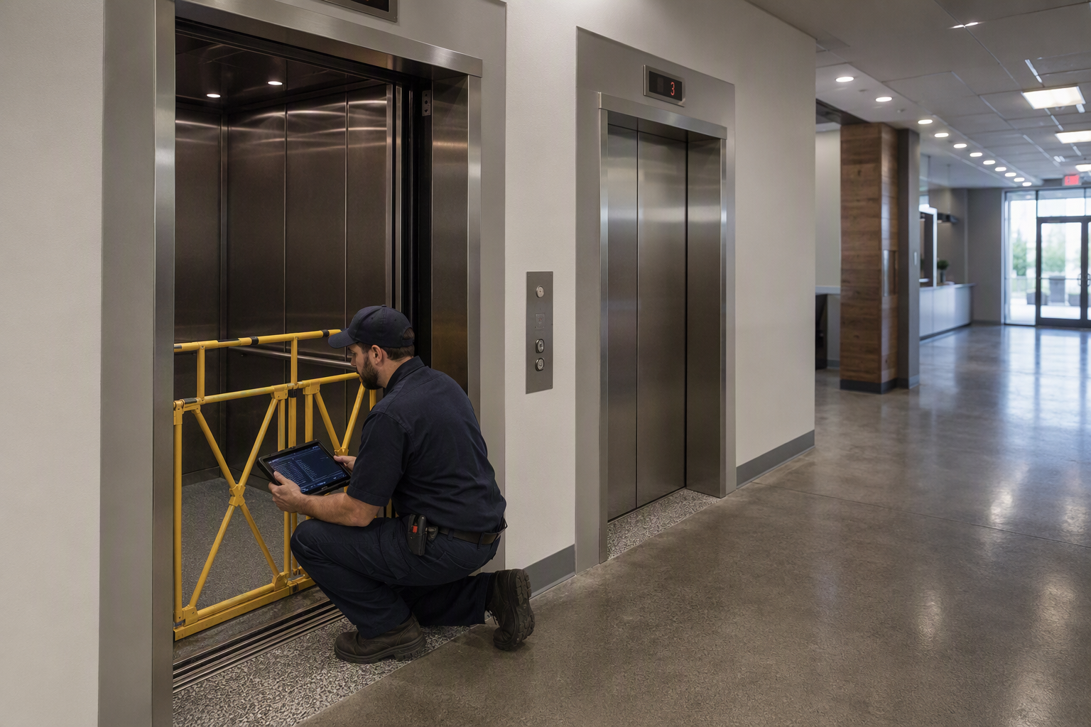 Commercial Elevator Repair Diagnosis Elevator technician diagnosing common commercial elevator repair problems at a door sill in a Phoenix Arizona office building lobby